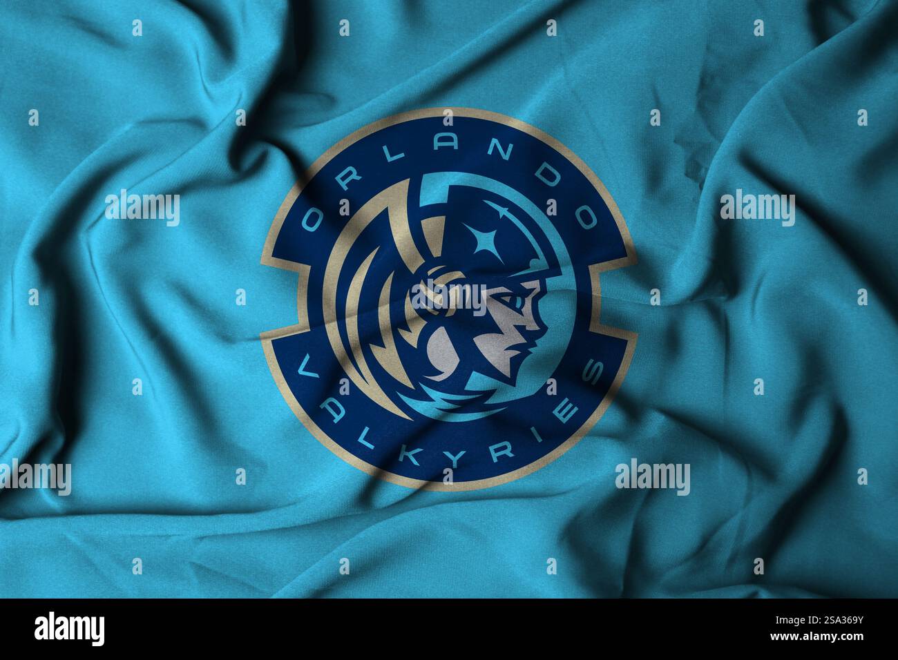 Pringsewu, Lampung; 29 gennaio 2025; tessuto della bandiera ondulata del club Orlando Valkyries nella Pro Volleyball Federation negli Stati Uniti Foto Stock