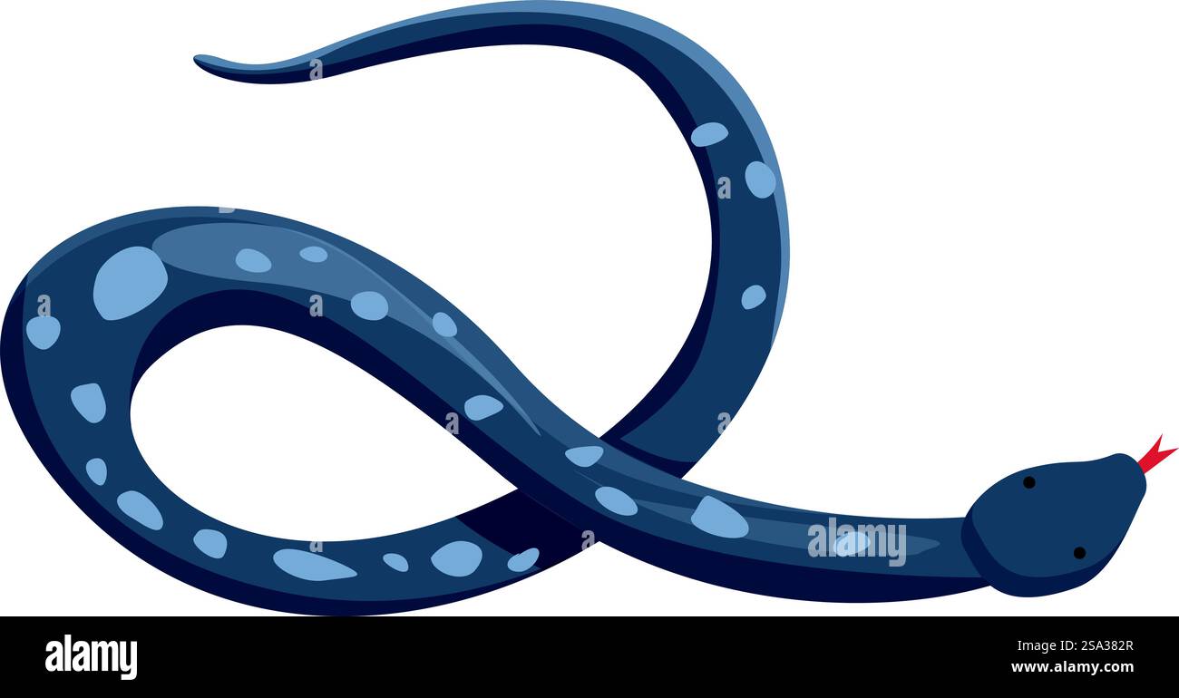 Serpente animato allegro e giocoso con curve morbide e design minimalista. Perfetto per i bambini&rsquo; materiale didattico. Libri di storia. E l'arredamento della camera. Grafica vettoriale stilizzata di un serpente grigio con macchie blu, isolata su bianco Illustrazione Vettoriale