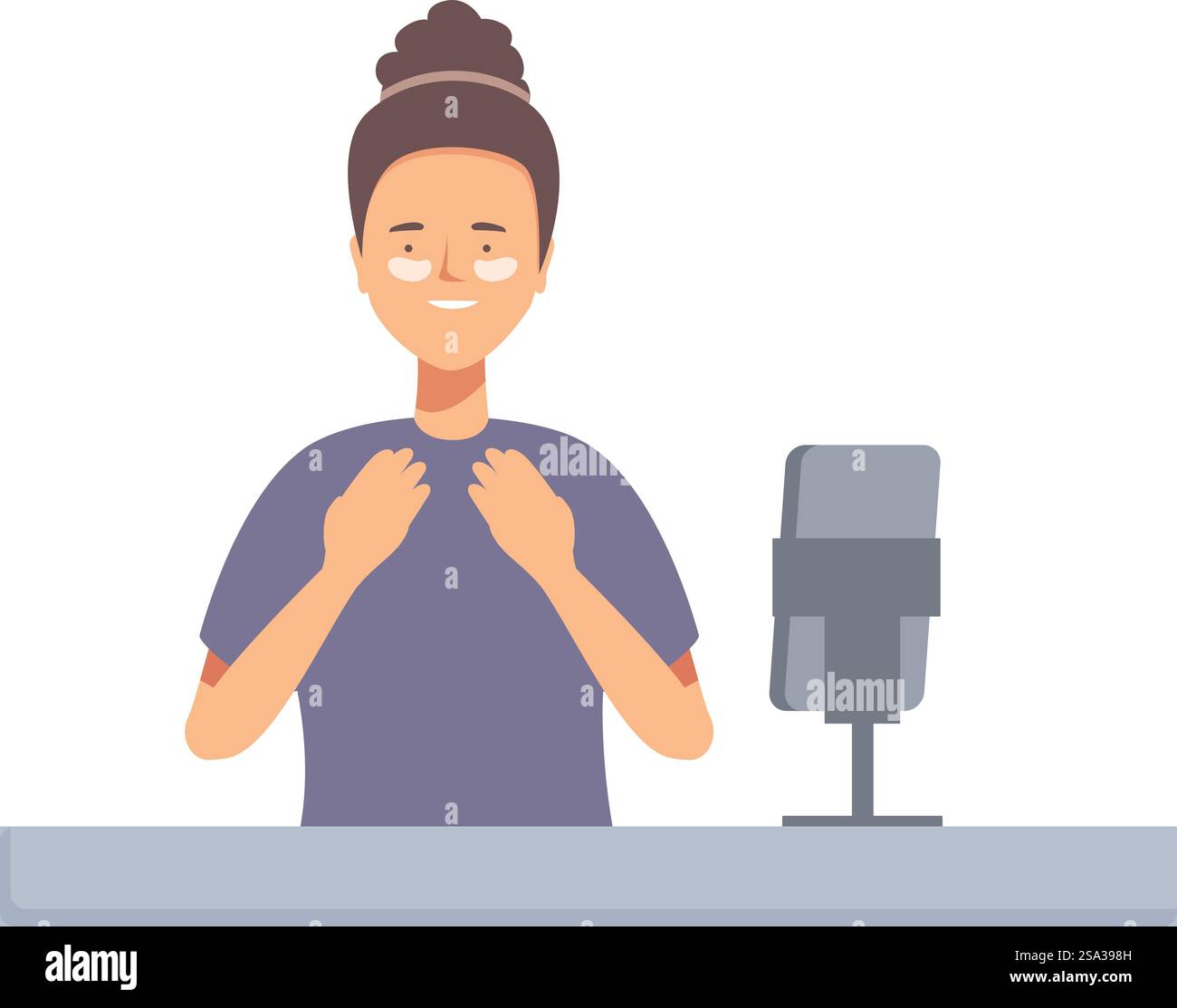 Podcaster donna sorride e si prepara a registrare contenuti audio per il suo programma di podcasting utilizzando moderne apparecchiature di trasmissione in uno studio digitale. Donna sorridente con un microfono, pronta a iniziare il podcasting Illustrazione Vettoriale