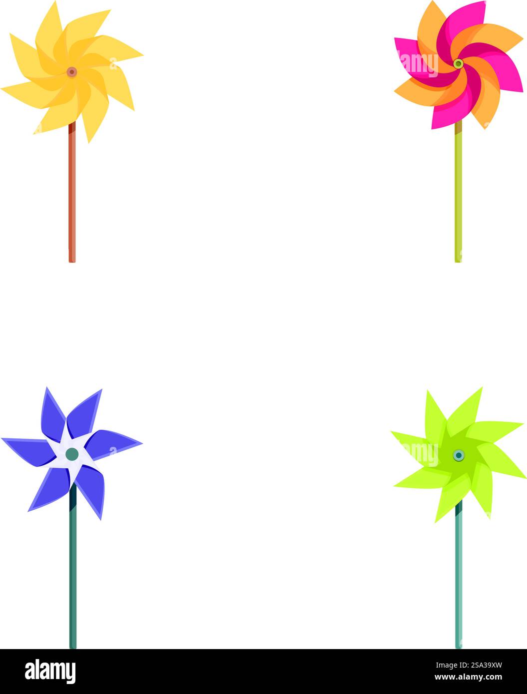 Quattro diverse ruote in stile cartoni animati in colori vivaci, ideali per decorazioni e feste. Set di rotelline colorate isolate su sfondo bianco Illustrazione Vettoriale