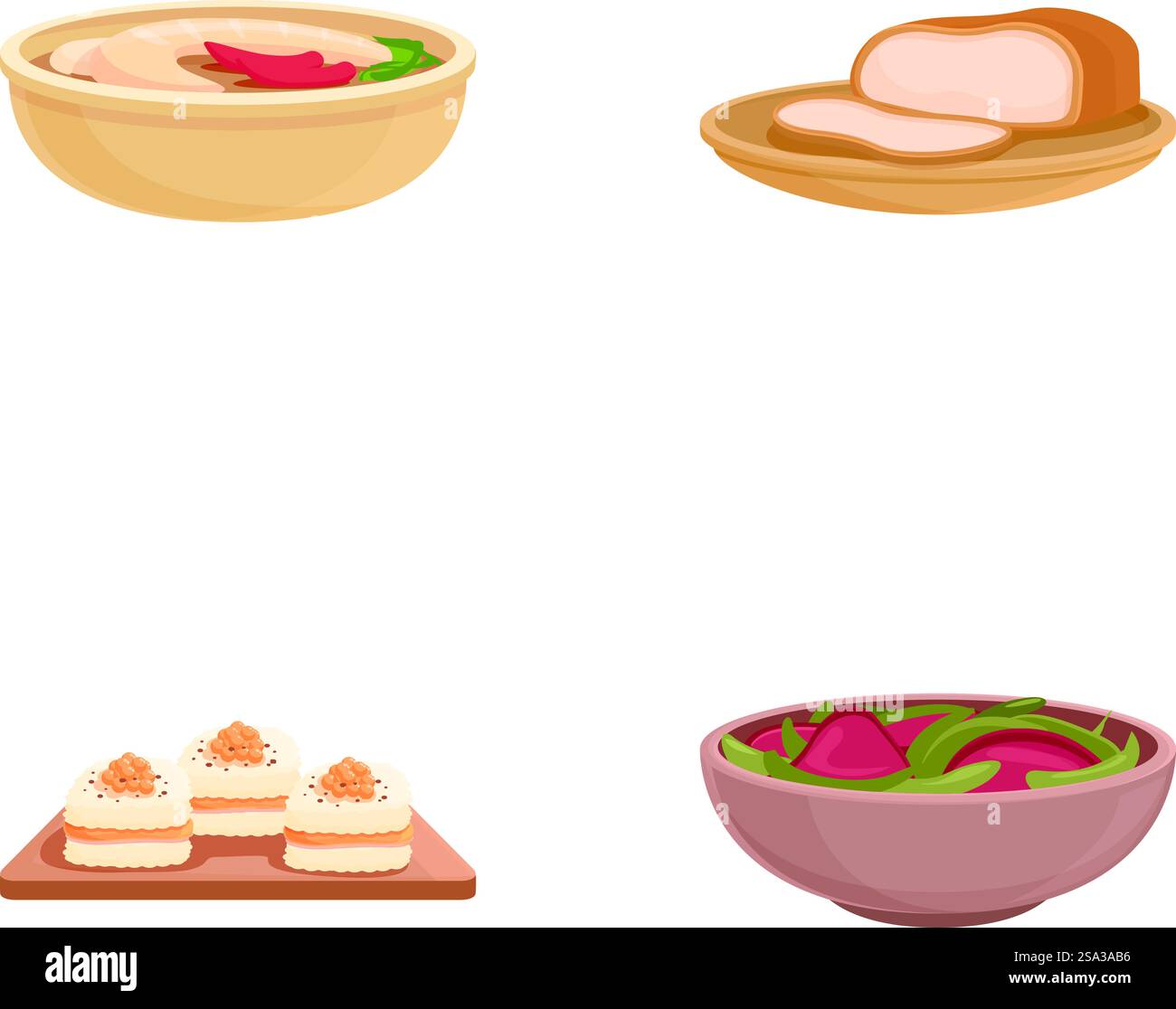 Collezione variegata di illustrazioni vettoriali di cucina internazionale e di prodotti alimentari assortiti, tra cui zuppe, pane, antipasti, insalate, e altro ancora, rappresentando la diversità culinaria di tutto il mondo. Set di quattro illustrazioni che raffigurano vari piatti internazionali, isolati su bianco Illustrazione Vettoriale