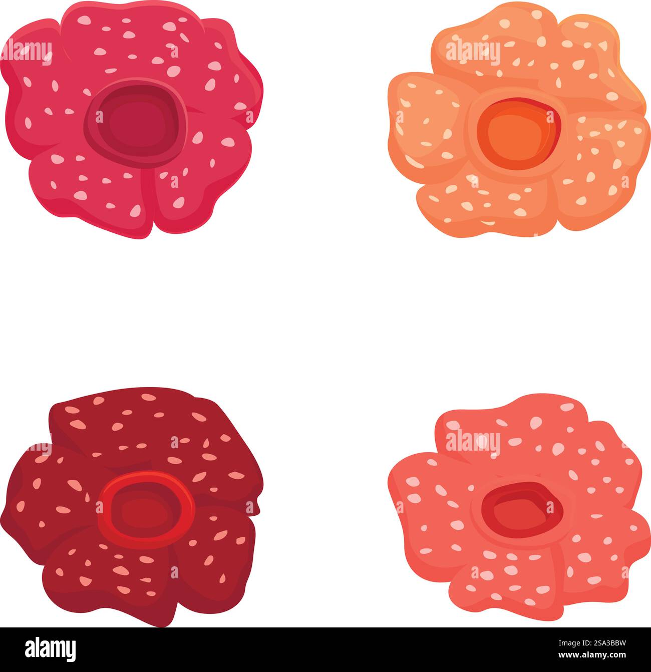 Vivace e giocosa collezione di fiori di cartoni animati con elementi floreali colorati e allegri per i bambini, illustrazioni artistiche e set di vettori botanici. Set di quattro graziosi fiori di cartoni animati in vari colori, perfetti per elementi di design Illustrazione Vettoriale