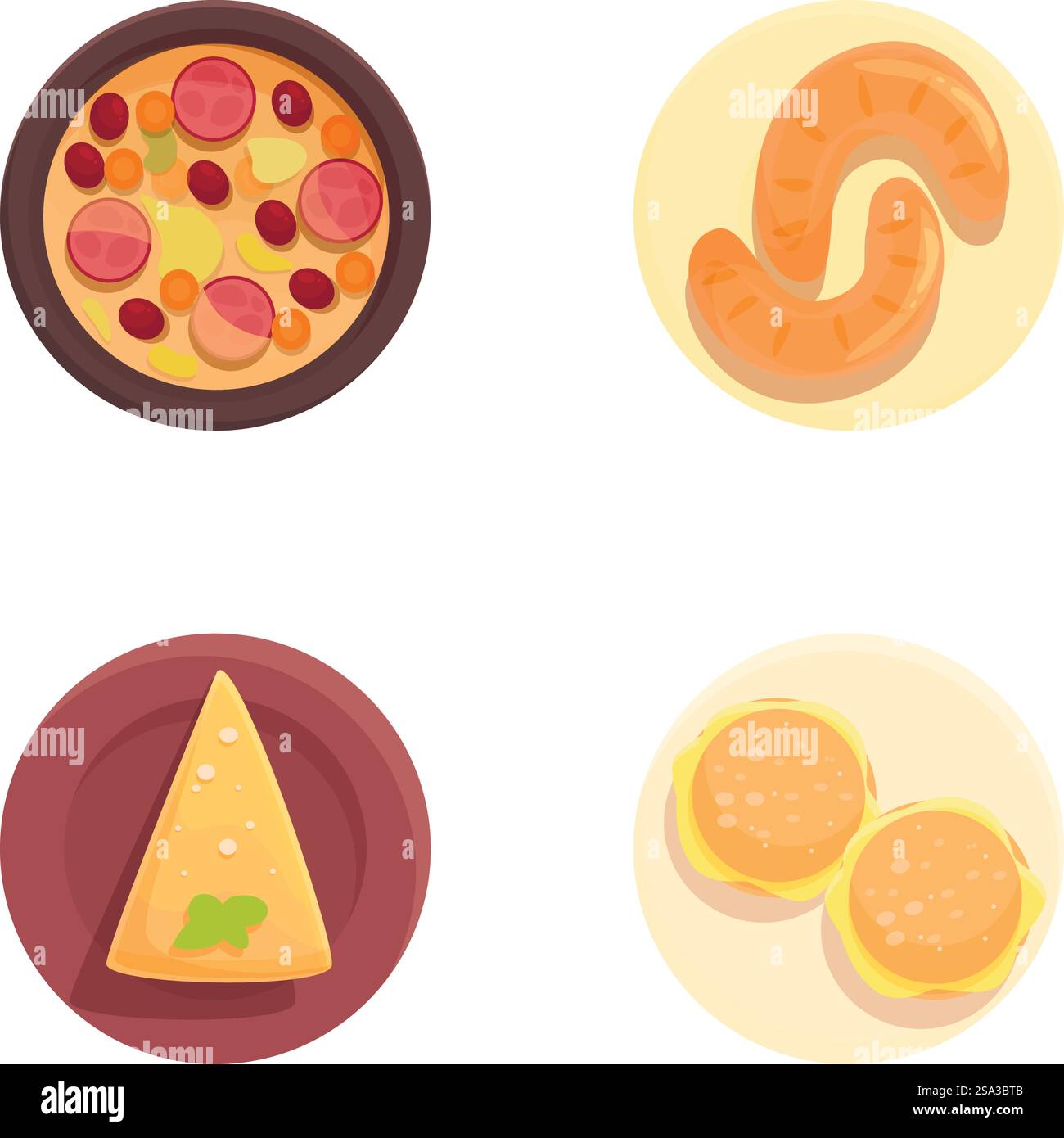 Vivaci icone piatte di pizza, salsicce, nachos e hamburger, ideali per i menu. Illustrazioni assortite di fast food a cartoni animati Illustrazione Vettoriale