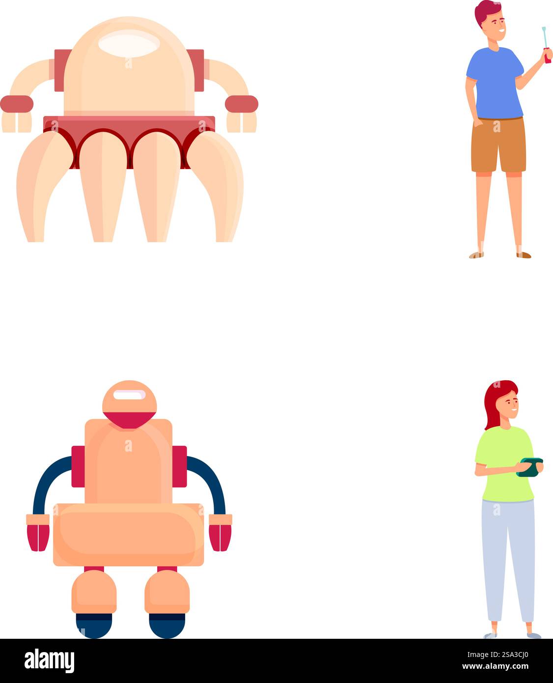 Illustrazioni di design piatto di persone con robot moderni. Tecnologia del futuro, robot e interazione umana Illustrazione Vettoriale
