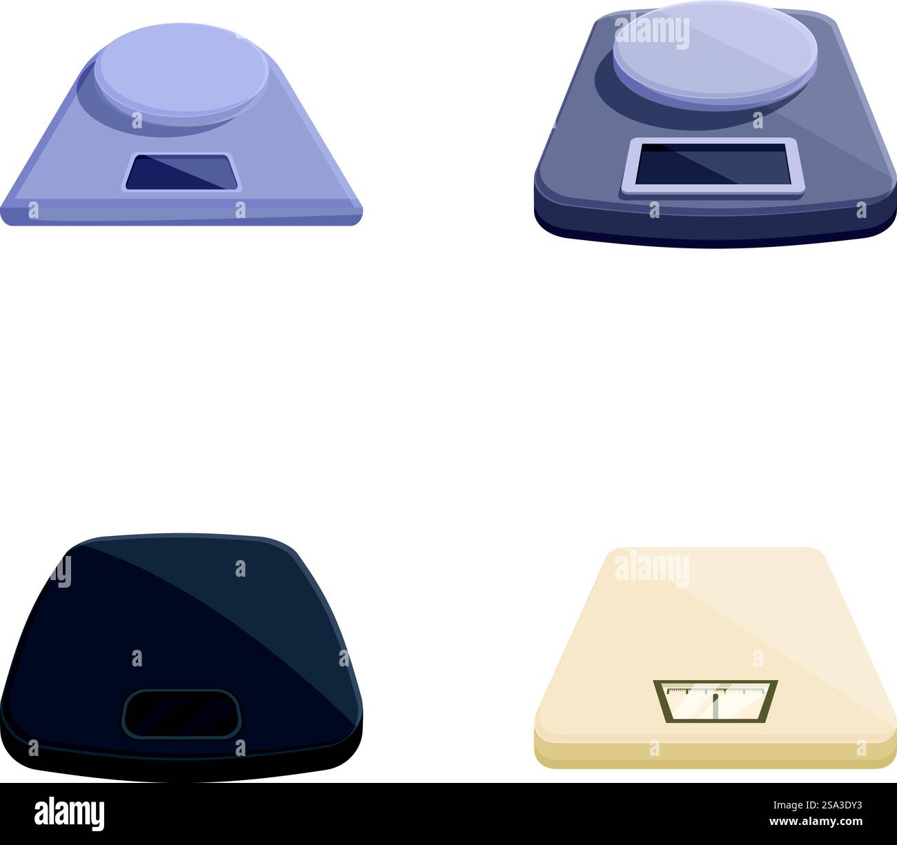 Collezione di quattro bilance digitali da cucina in vari design e colori, isolate su sfondo bianco. Set di icone di scale digitali moderne Illustrazione Vettoriale