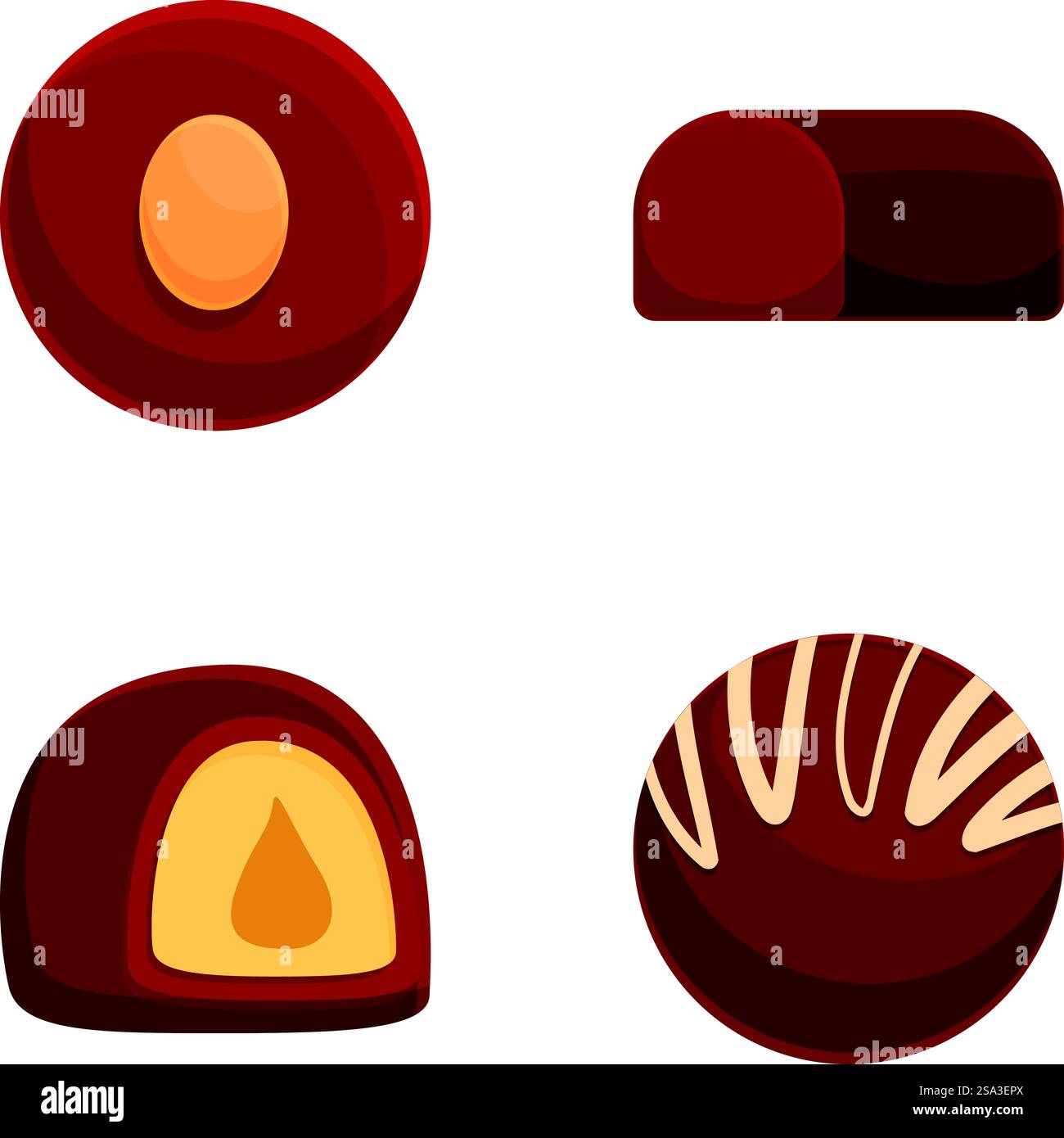 Illustrazioni assortite di caramelle al cioccolato in formato vettoriale per l'arte digitale e il design grafico con una varietà di deliziosi cioccolatini. Dolci. E dolciumi. Inclusi i bonbons. Tartufi. Praline. Set di quattro illustrazioni vettoriali che mostrano diversi tipi di caramelle al cioccolato Illustrazione Vettoriale