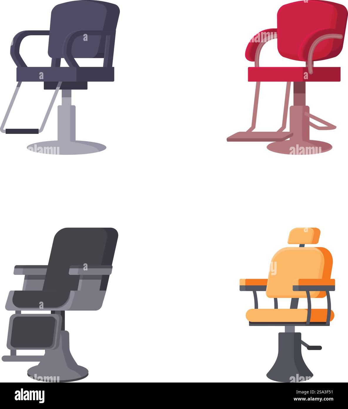 Collezione di quattro eleganti sedie da ufficio in diversi design e colori, isolate sul bianco. Set di moderne sedie da ufficio in vari stili Illustrazione Vettoriale