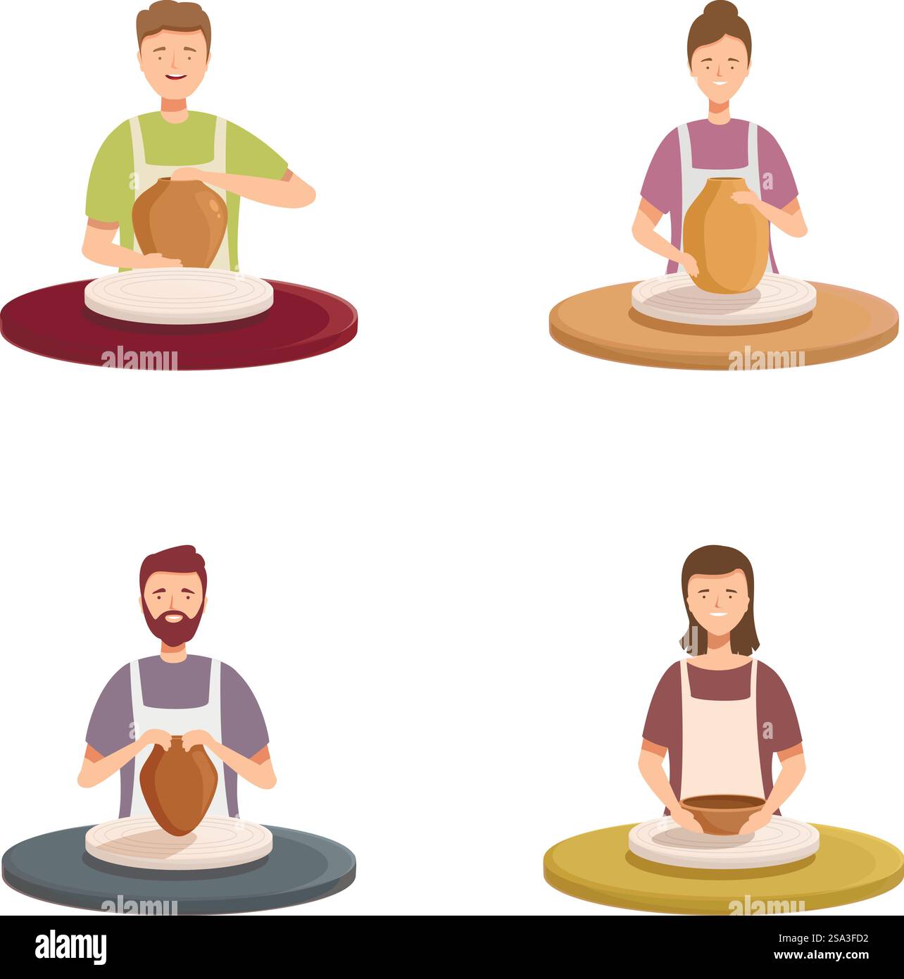 Serie di illustrazioni di diversi artigiani che modellano la ceramica su ruote girevoli. Artigiani che realizzano ceramiche su ruote Illustrazione Vettoriale