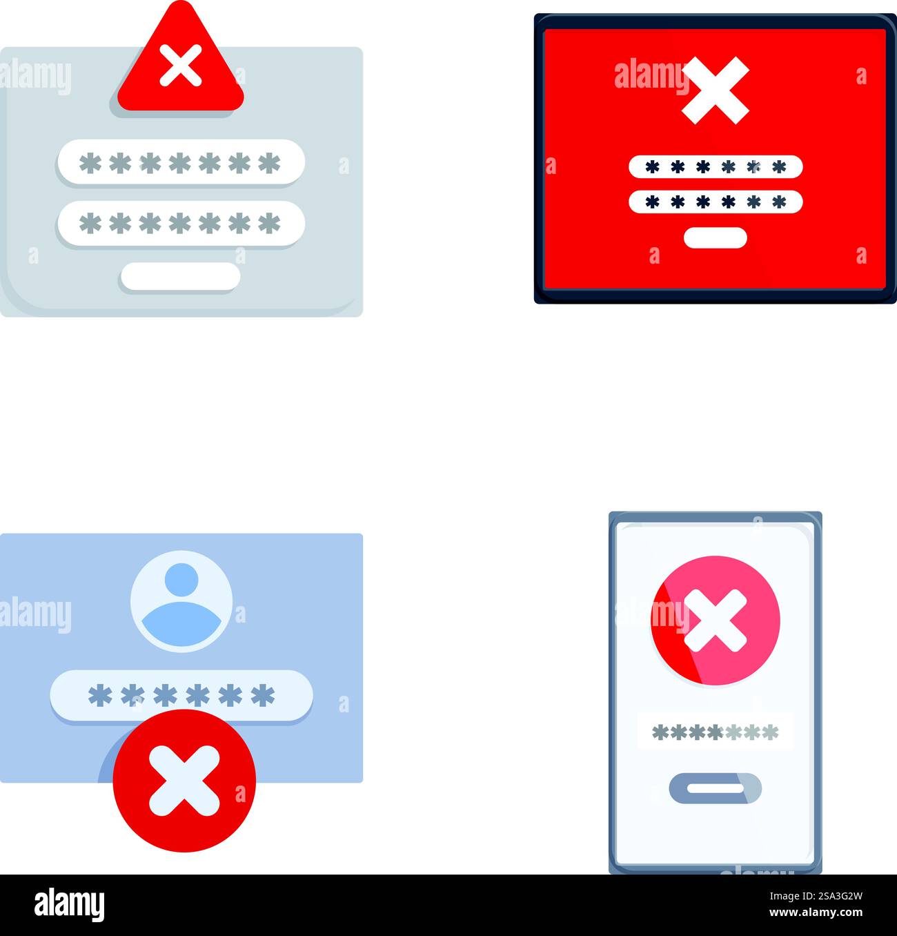 Raccolta di quattro icone dal design piatto che simboleggiano l'immissione di password non corrette. Serie di icone di notifica errore password Illustrazione Vettoriale