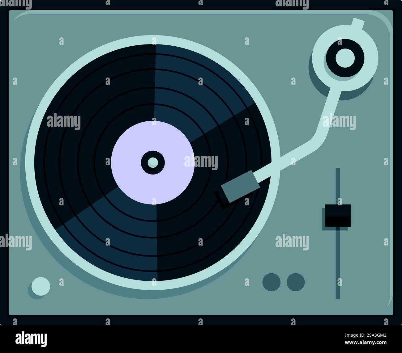 Illustrazione giradischi vintage con lettore di dischi retrò e design musicale in vinile in stile vettoriale piatto, perfetto per la nostalgia della cultura hipster pop. Illustrazione vettoriale dal design piatto di un classico lettore di dischi isolato su uno sfondo chiaro Illustrazione Vettoriale