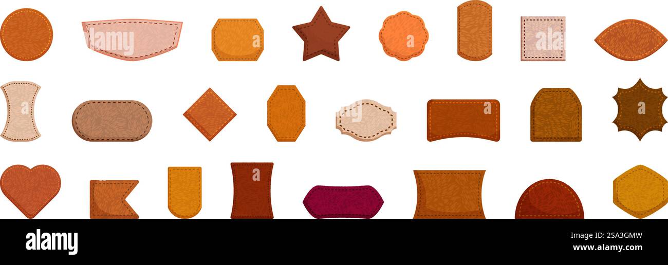 etichette in pelle cuciture vettoriali. Una collezione di varie forme e dimensioni di oggetti marroni e arancioni. Le forme sono tutte diverse e sembrano essere fatte di materiali diversi. etichette in pelle cuciture vettoriali. Una collezione di varie forme e dimensioni di oggetti marroni e arancioni Illustrazione Vettoriale