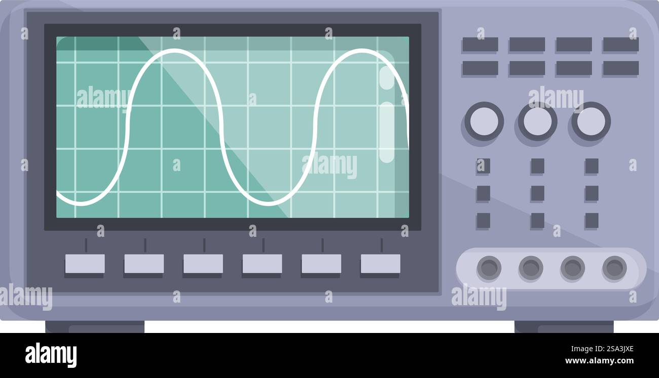 Illustrazione vettoriale dell'oscilloscopio digitale moderno per l'analisi e la misurazione di segnali elettronici in laboratori scientifici e tecnici con tecnologia a design piatto. Vettore a design piatto di un oscilloscopio digitale utilizzato per l'analisi del segnale nell'elettronica Illustrazione Vettoriale