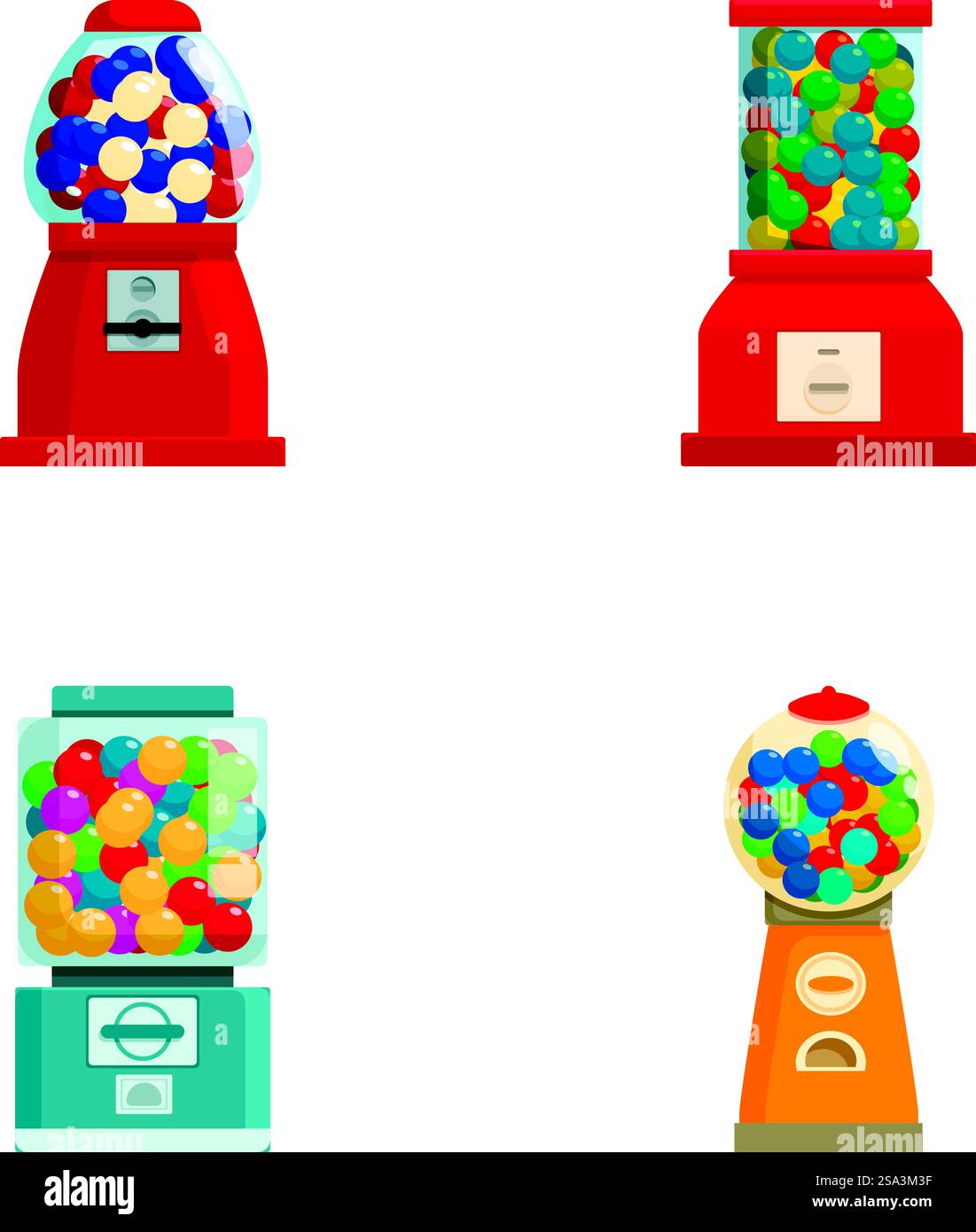 Set vettoriale di quattro macchine per gomma da bolla con gumballe colorate isolate su sfondo bianco. Collezione di macchine colorate per gomma da bolla Illustrazione Vettoriale