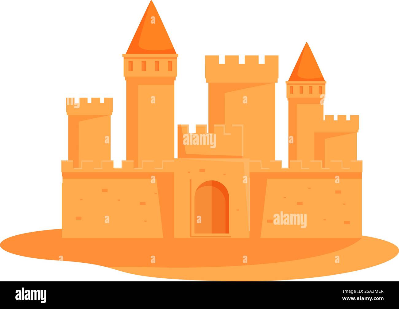 Stravagante cartone animato, illustrazione di un castello da favola in colorata arte digitale. Perfetto per i bambini. Caratterizzato da un regno incantato con magia. Fortezza medievale. Palazzo. Torri. Vivace illustrazione digitale di un affascinante castello da favola dai colori caldi, isolato su sfondo bianco Illustrazione Vettoriale