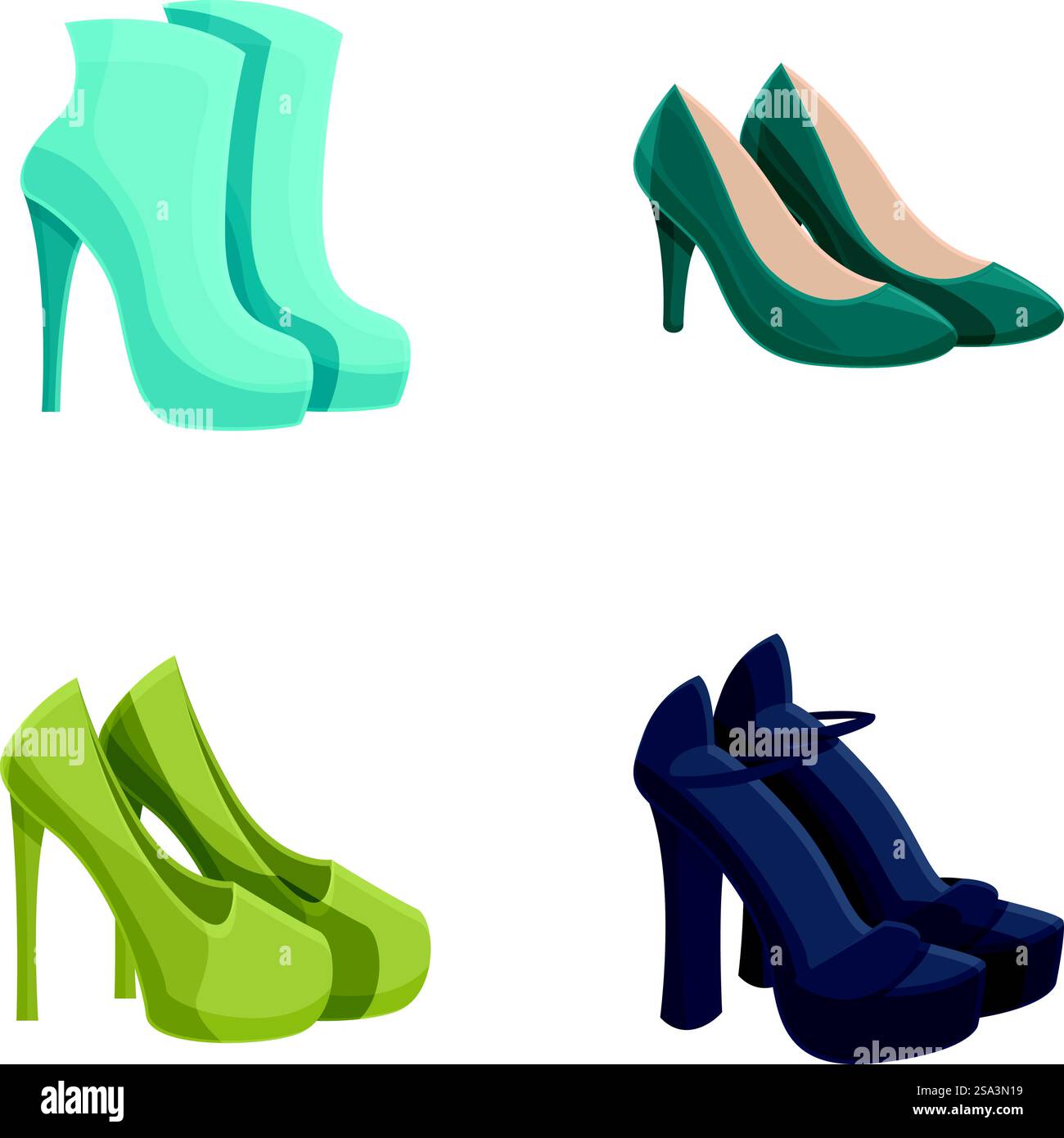Collezione di scarpe da donna trendy ed eleganti con tacchi alti, stivali, décolleté, tacchi a spillo e calzature assortite per un abbigliamento casual e formale. Set di quattro eleganti scarpe da donna, tra cui stivali e tacchi alti, isolate su bianco Illustrazione Vettoriale