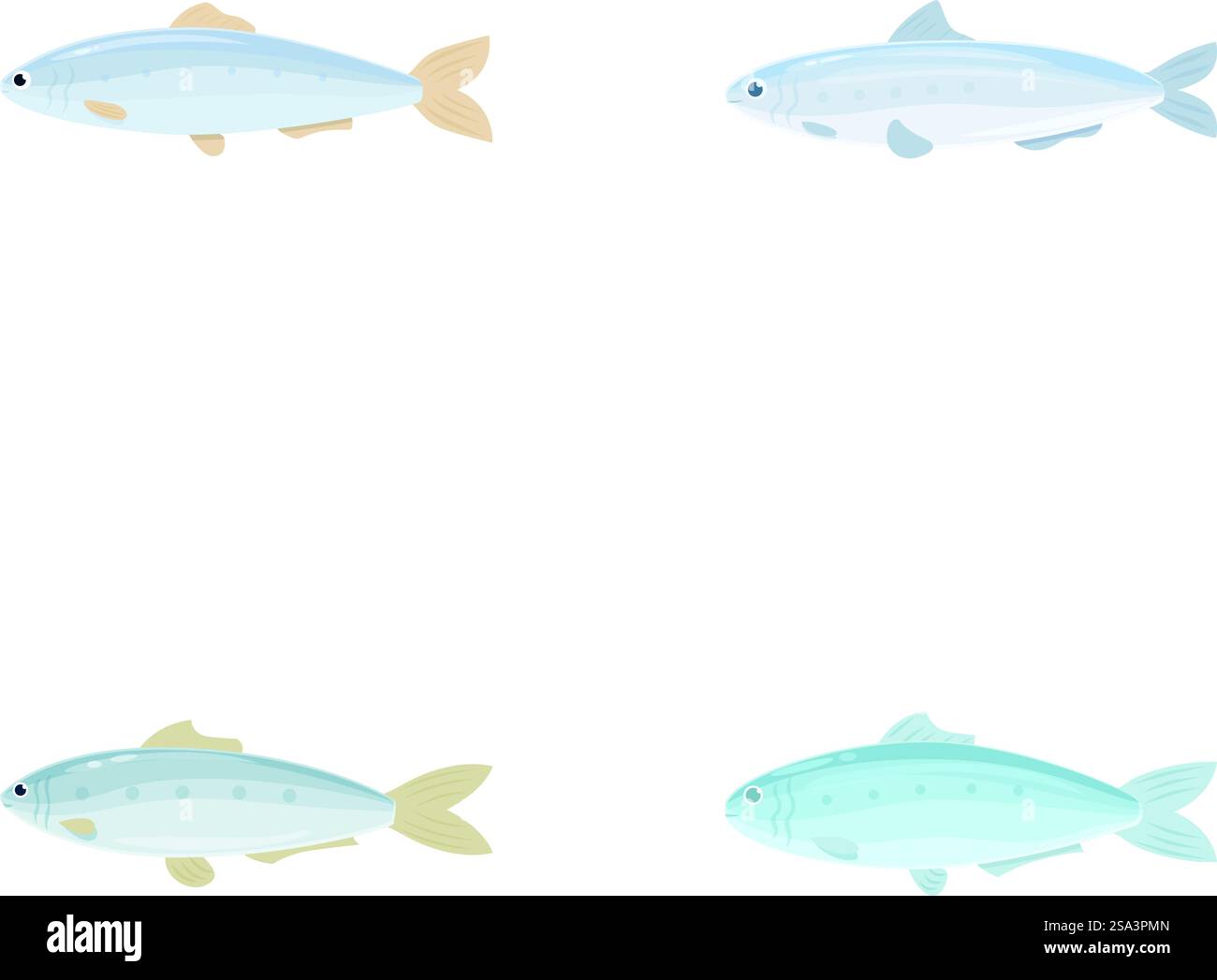 Quattro coloratissimi cartoni animati isolati su sfondo bianco, adatti per materiale didattico e disegni. Serie di illustrazioni di pesci a cartoni animati Illustrazione Vettoriale