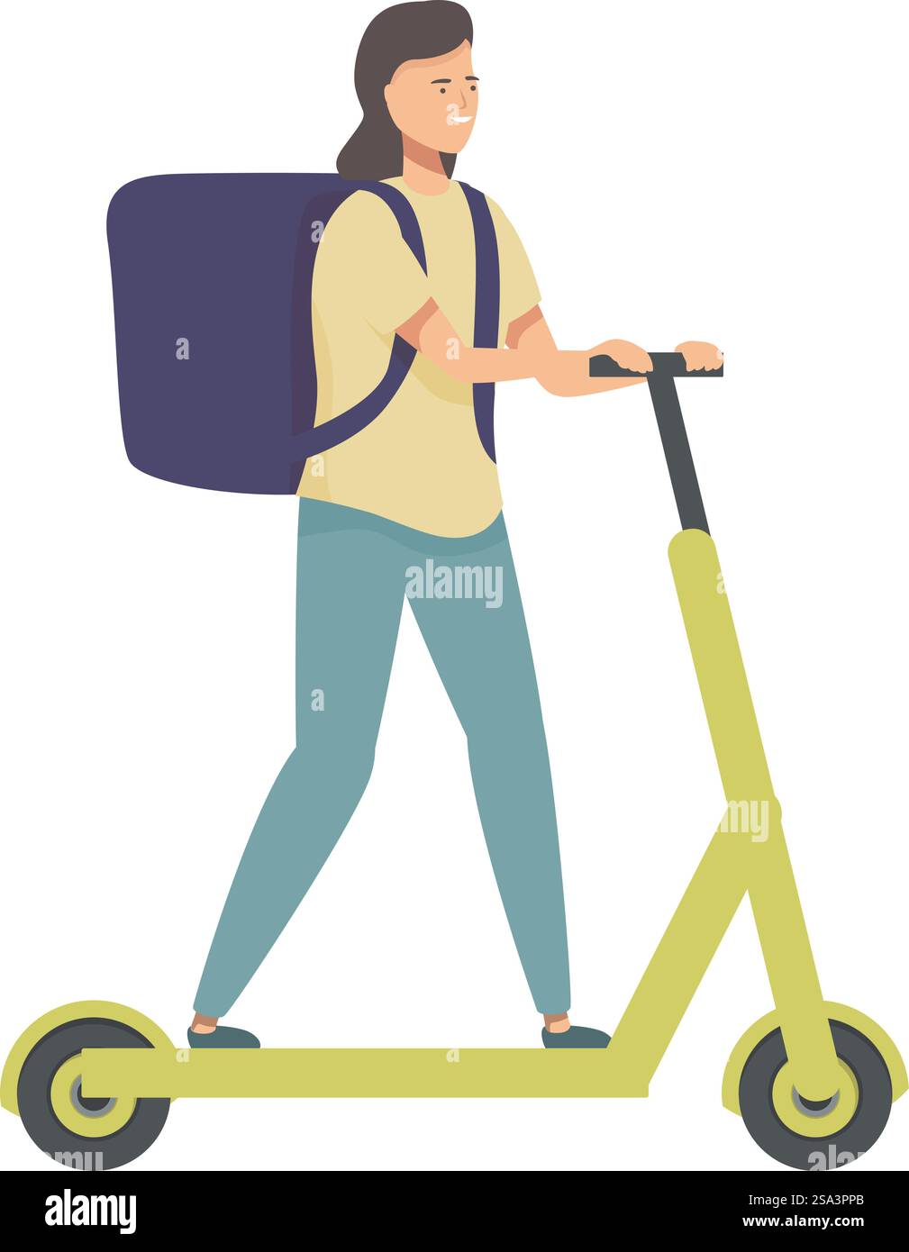 Immagine di una giovane donna sorridente che viaggia su un moderno scooter elettrico con uno zaino. Giovane donna in sella a uno scooter elettrico con zaino Illustrazione Vettoriale