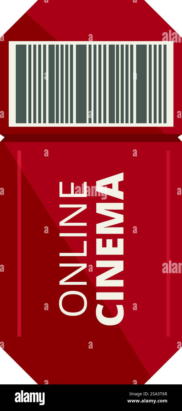Immagine vettoriale di un biglietto rosso per un film etichettato cinema online, che simboleggia i servizi di streaming digitale. Illustrazione del biglietto del cinema online Illustrazione Vettoriale