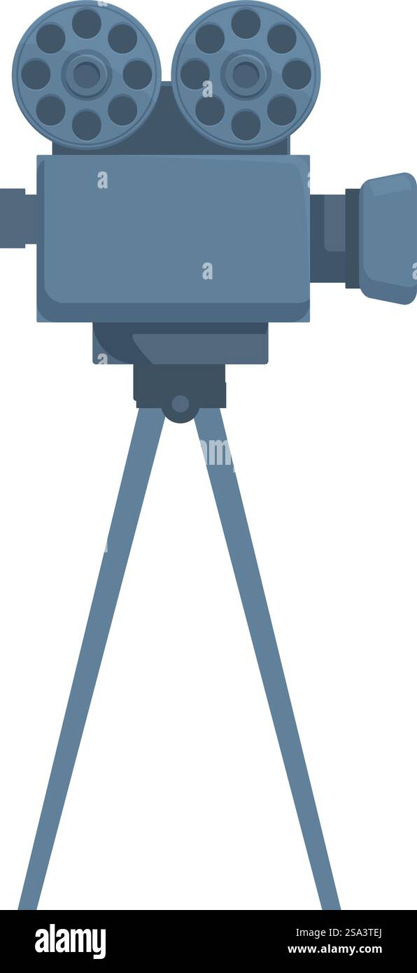 Illustrazione di una videocamera vintage su treppiede in blu, grafica vettoriale, perfetta per progetti cinematografici, cinematografici e di tecnologia multimediale. Attrezzature classiche dallo stile retrò nostalgico. Illustrazione vettoriale di una classica fotocamera a pellicola blu su un treppiede, ideale per design cinematografici Illustrazione Vettoriale