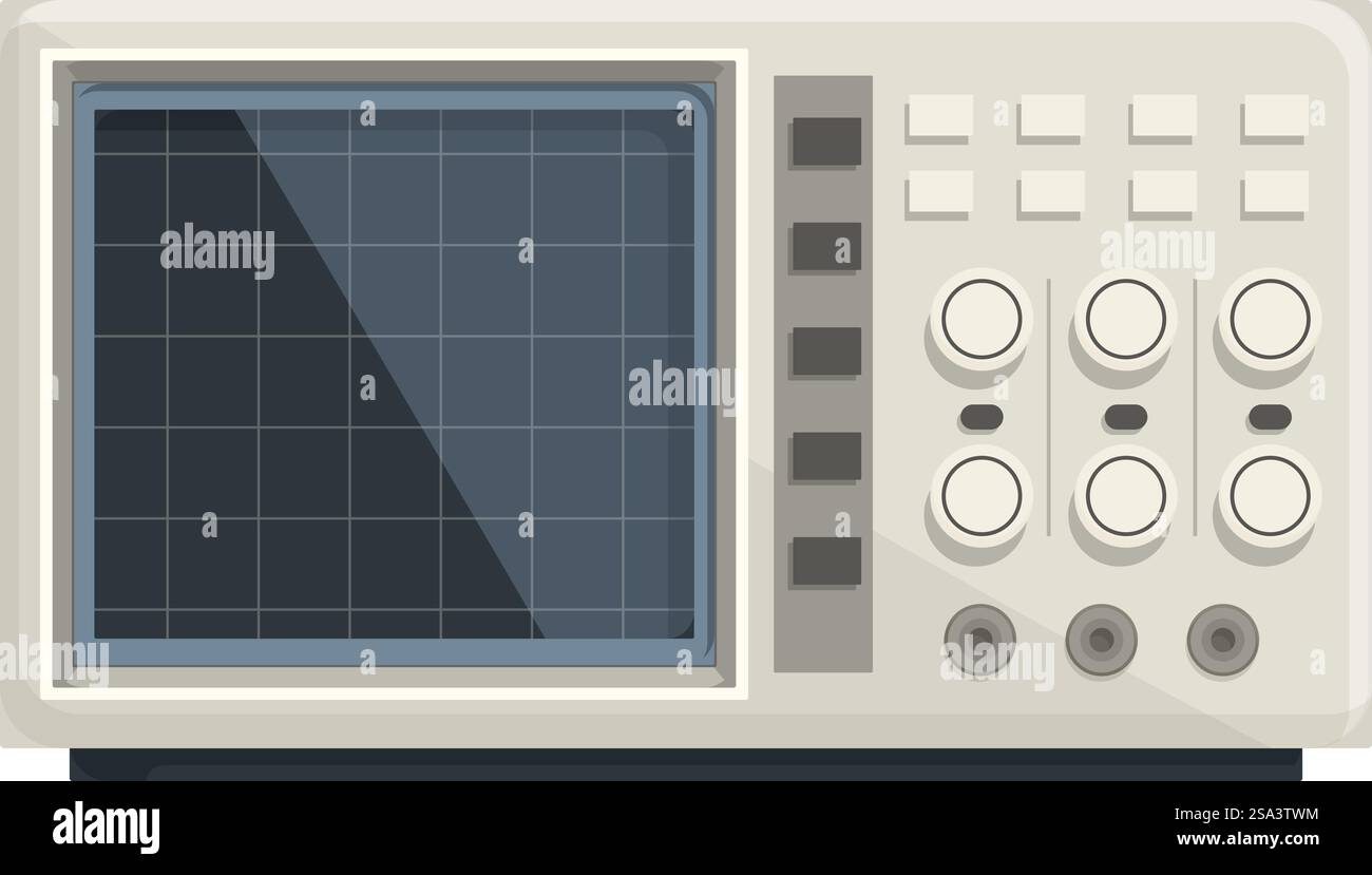 Illustrazione vettoriale dell'oscilloscopio vintage con apparecchiature elettroniche analogiche e tecnologia di misurazione su sfondo bianco isolato. Offre una rappresentazione digitale dell'istruzione di elaborazione classica. Illustrazione vettoriale dettagliata di un oscilloscopio analogico classico, isolato su sfondo bianco Illustrazione Vettoriale