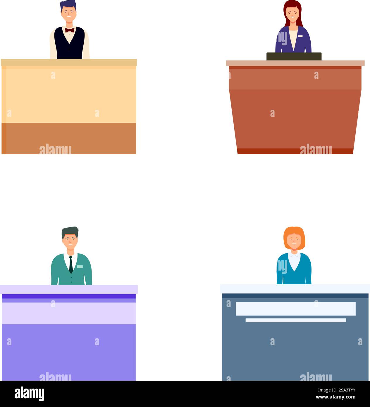 Un gruppo di receptionist diversi nelle loro postazioni, utili per varie illustrazioni di servizio. Reception disponibile alla reception Illustrazione Vettoriale