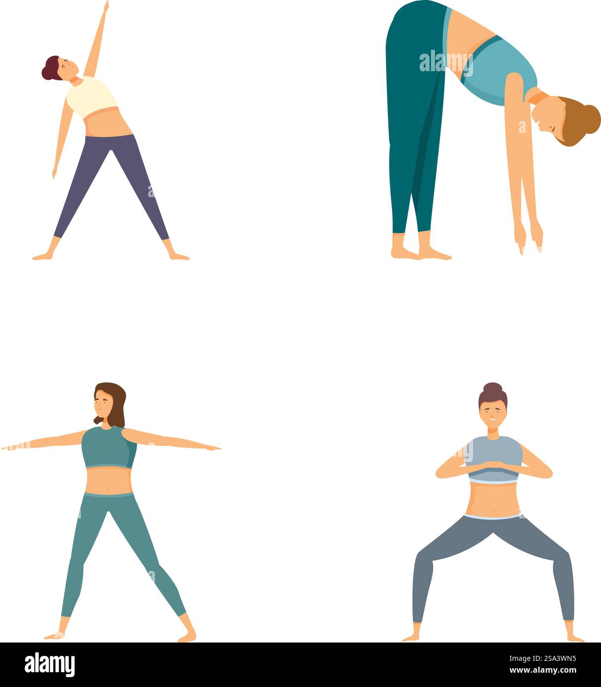 Collezione di illustrazioni vettoriali che mostrano individui in varie pose yoga con un design minimalista. La pratica yoga pone una serie di illustrazioni vettoriali Illustrazione Vettoriale