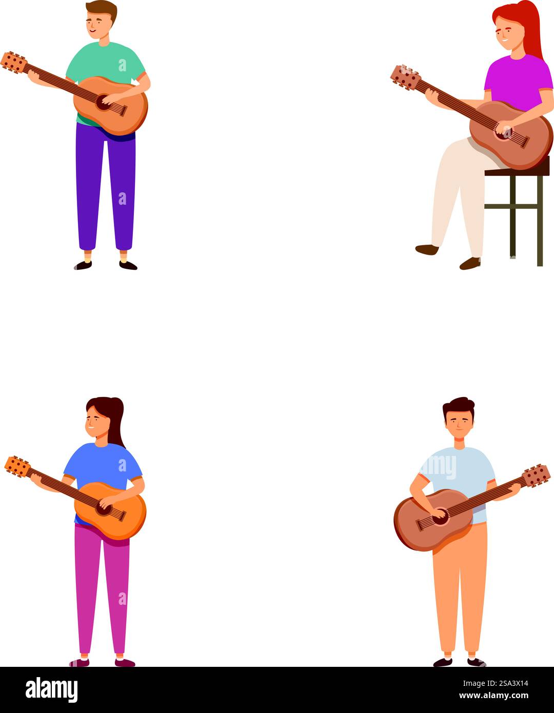 Collezione di quattro personaggi dei cartoni animati, ognuno con una chitarra acustica, isolato sul bianco. Set di chitarristi cartoon in varie pose Illustrazione Vettoriale