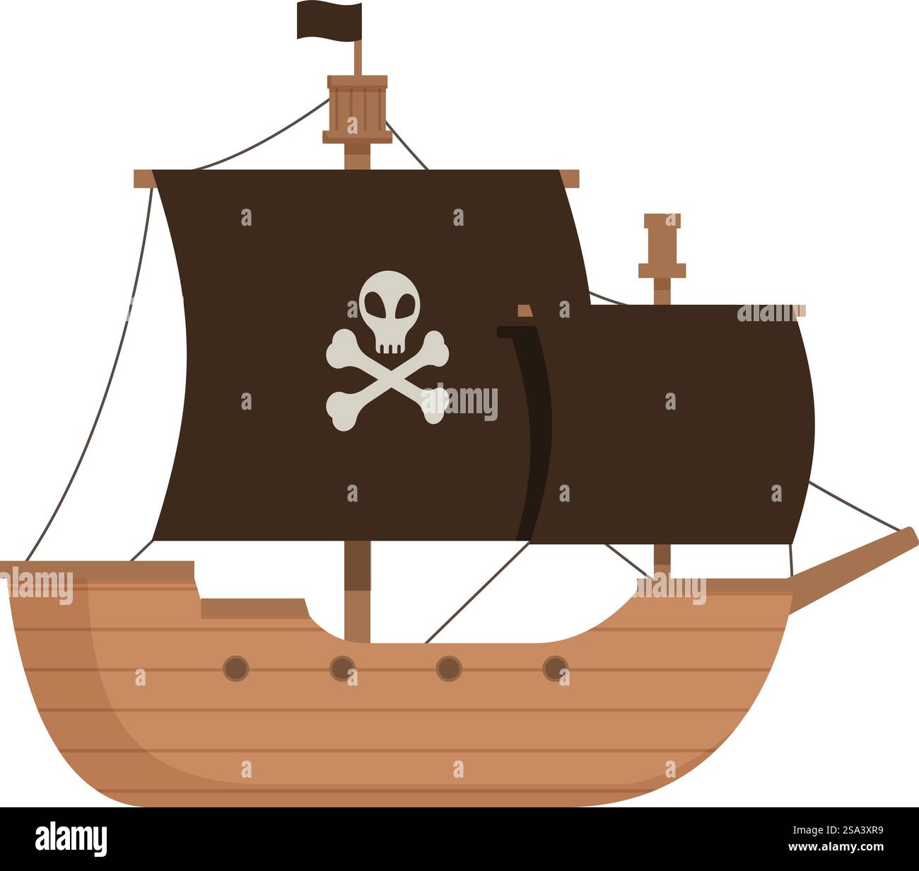 Colorato cartone animato raffigurante una nave pirata con cranio e ossa incrociate. Design piatto in legno. Barca a vela vettoriale. Elementi marittimi e nautici. Perfetto per i libri di fiabe dei bambini. Arte fantasy. Illustrazione dal design piatto di una classica nave pirata in legno con teschio e traverse a vela Illustrazione Vettoriale