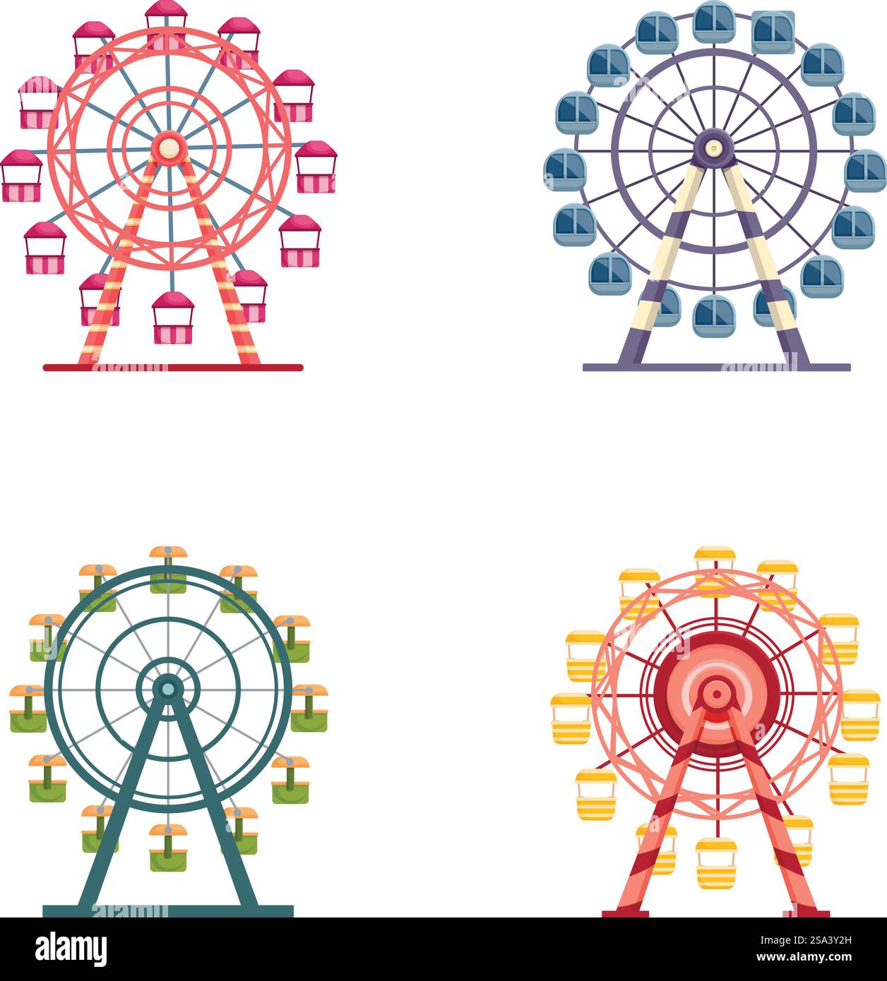 Collezione di quattro elementi grafici della ruota panoramica in vari colori, perfetta per i temi del parco divertimenti. Set di illustrazioni colorate della ruota panoramica Illustrazione Vettoriale