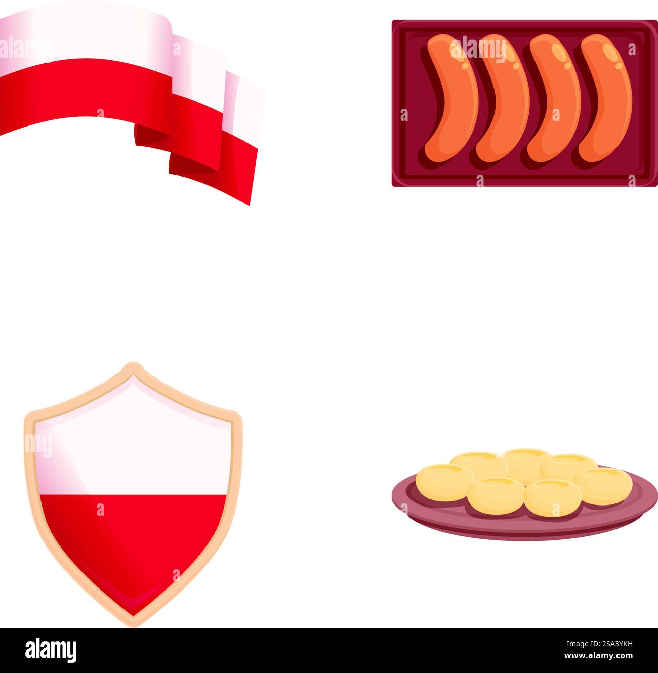 Collezione di quattro icone piatte colorate, tra cui uno striscione a nastro, una tavoletta di cioccolato, uno scudo e un piatto di biscotti. Set di icone assortite con striscione, cioccolato, scudo e biscotti Illustrazione Vettoriale