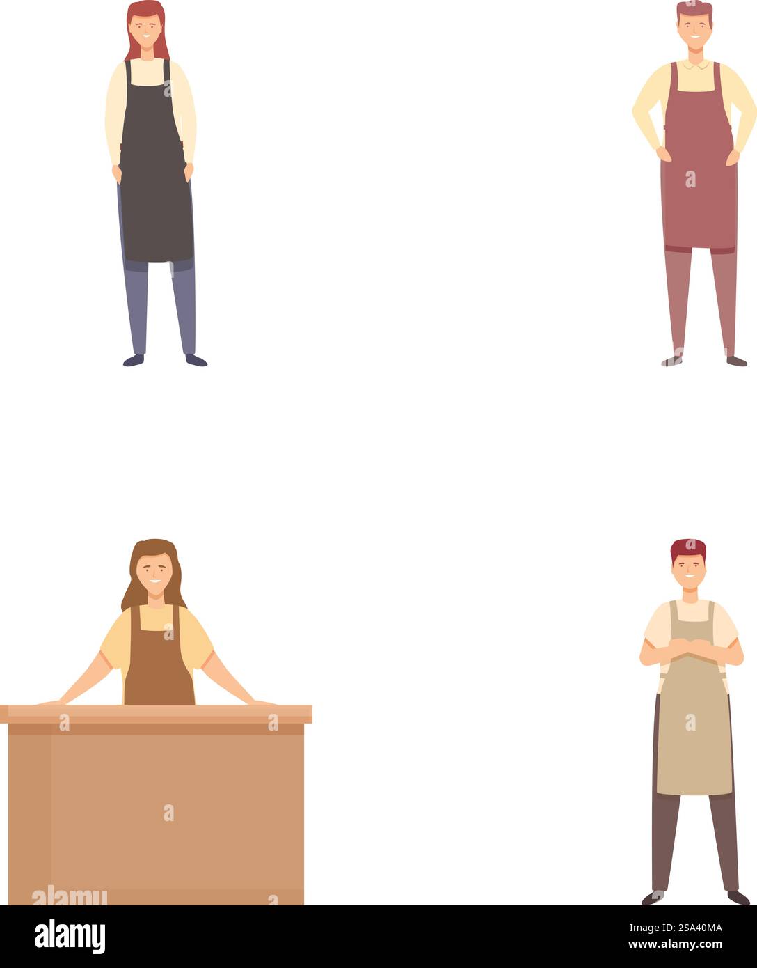 Collezione di illustrazioni con diversi professionisti in uniforme, tra cui un lavoratore e un uomo in piedi. Set di personaggi dei cartoni animati che rappresentano varie professioni Illustrazione Vettoriale
