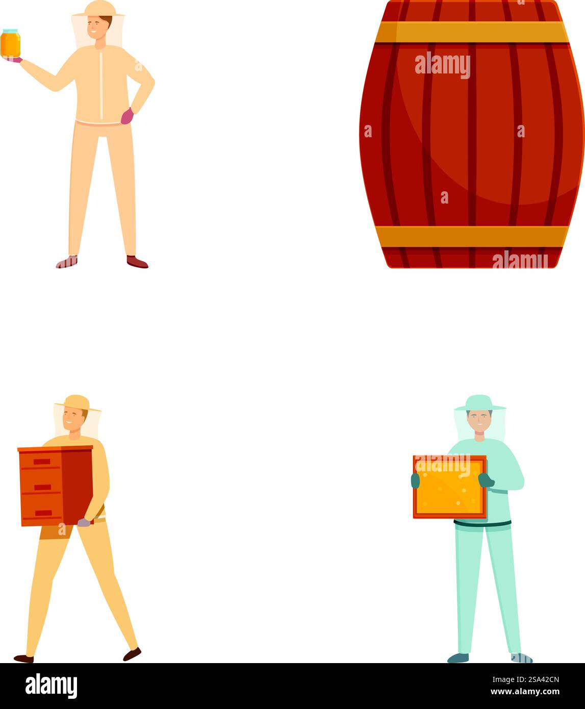 Illustrazioni dei dipendenti del birrificio che detengono birra, trasportano casse e presentano formaggio. Un gruppo di lavoratori del birrificio con birra, botte e casse Illustrazione Vettoriale