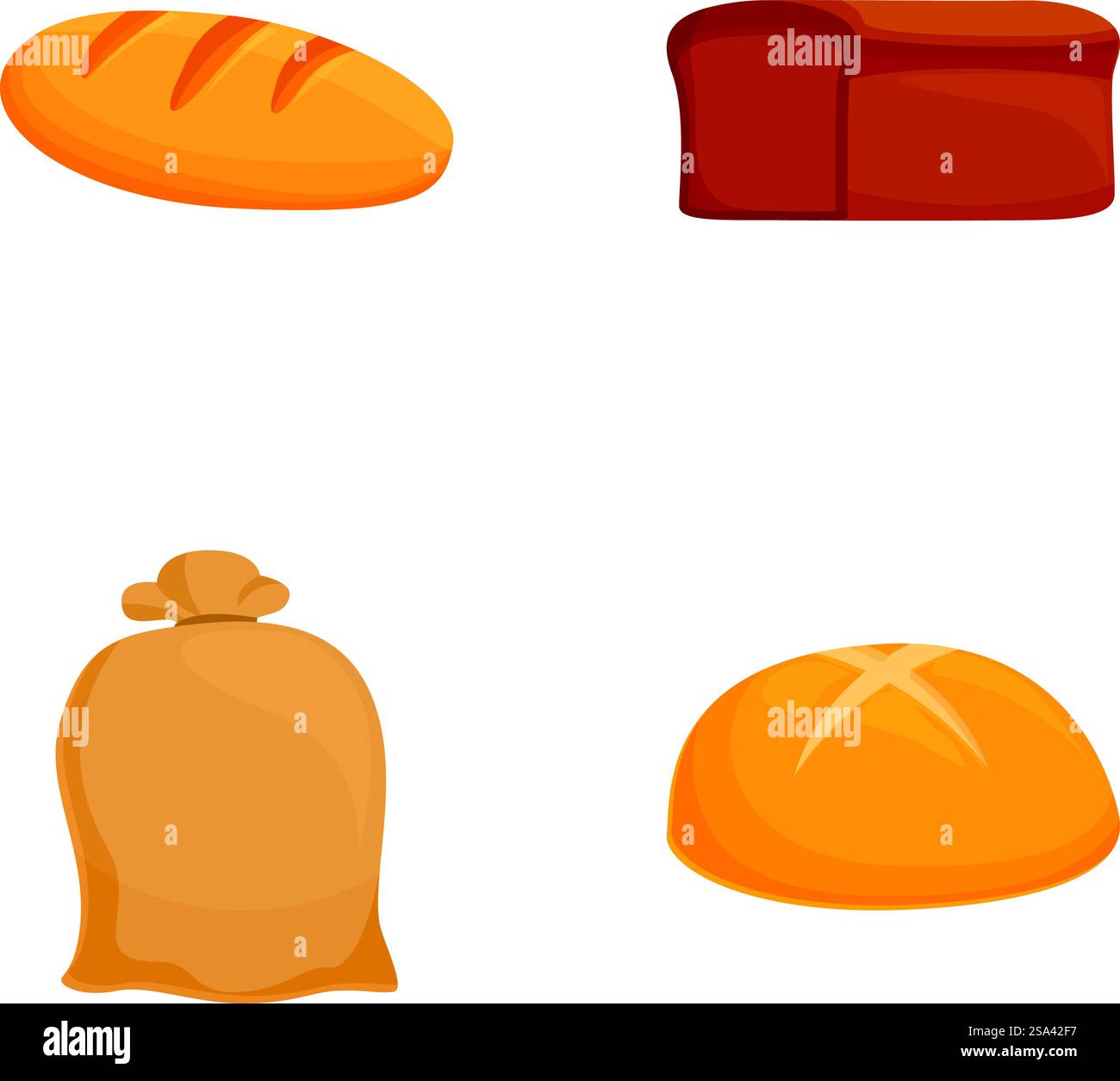 Varie icone della pasticceria con vari tipi di pane. Pan. Farina. E illustrazioni vettoriali baker Hat. Perfetto per alimenti. Pasticcini. E elementi grafici prodotti da forno. Incluso il carboidrato. E nutrizione. Icone vettoriali colorate di pane, pane, sacco di farina e cappello baker&rsquo Illustrazione Vettoriale