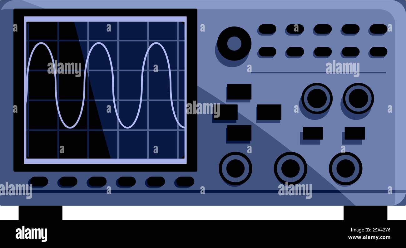 Illustrazione vettoriale dell'oscilloscopio digitale moderno con tecnologia e misurazione elettronica, analisi del segnale delle forme d'onda, test di frequenza e calibrazione di precisione in un ambiente di laboratorio scientifico. Oscilloscopio digitale moderno raffigurato in un grafico vettoriale dettagliato, adatto per contenuti tecnici Illustrazione Vettoriale
