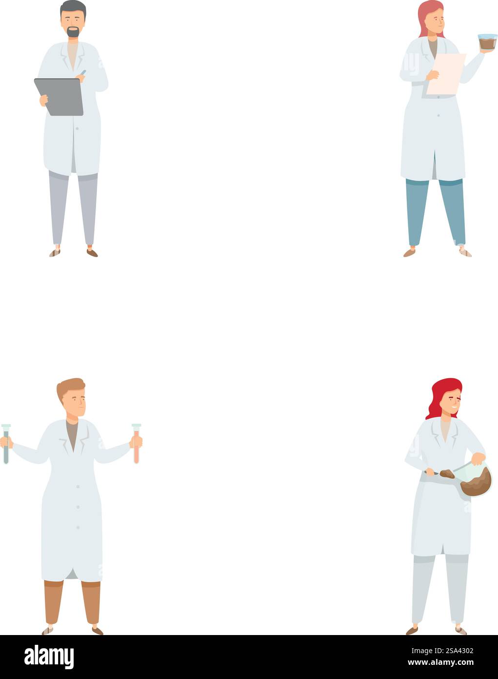 Set di quattro professionisti medici e scienziati con attrezzature, che mostrano la diversità. Gruppo eterogeneo di scienziati e professionisti medici Illustrazione Vettoriale