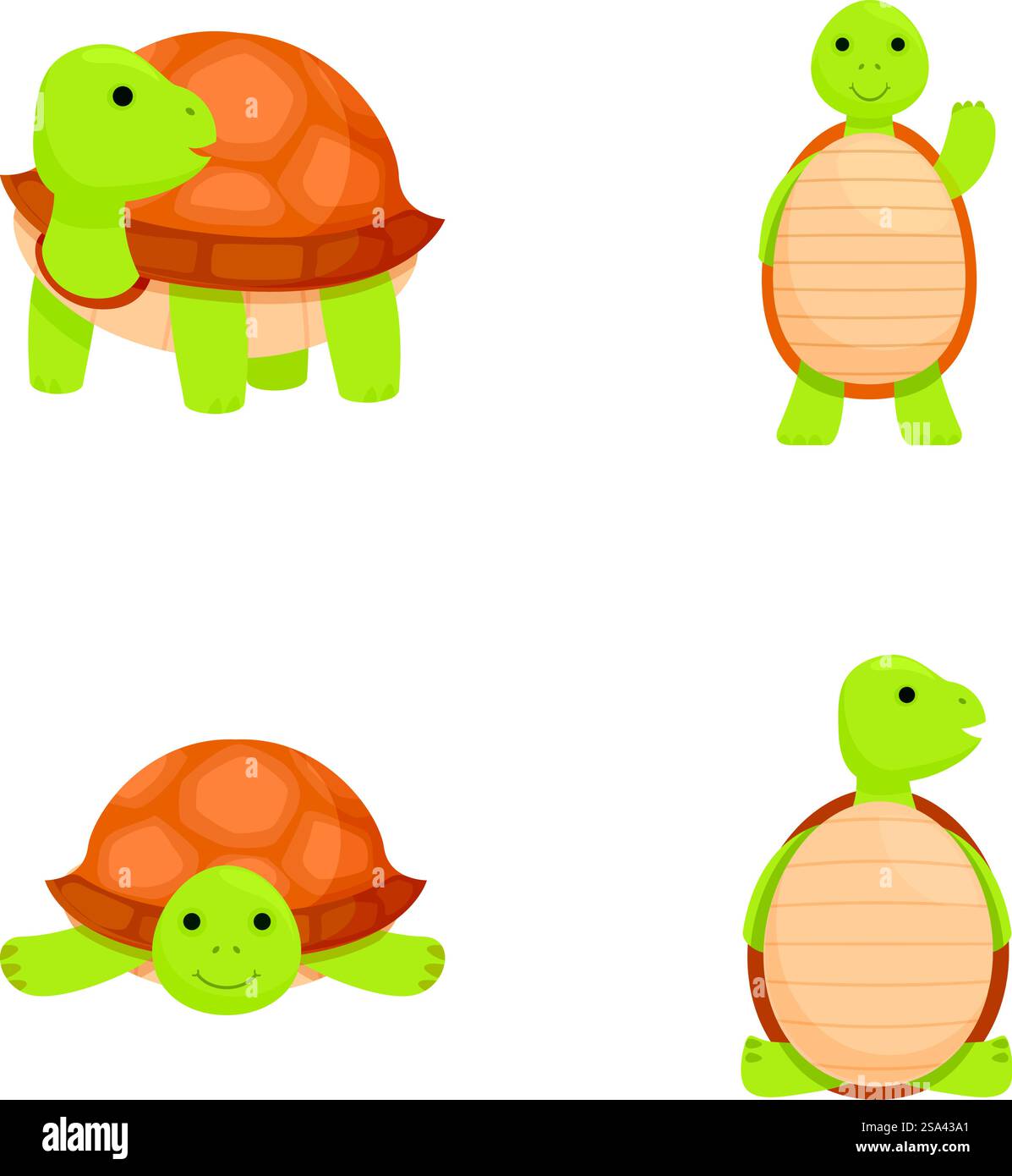 Adorabile e allegra collezione di tartarughe animate con quattro tartarughe divertenti e sorridenti in varie pose colorate e infantili, perfetta per l'educazione dei bambini e per divertenti illustrazioni di libri di fiabe. Set di quattro allegre tartarughe animate in varie pose, perfette per i bambini e i loro disegni Illustrazione Vettoriale