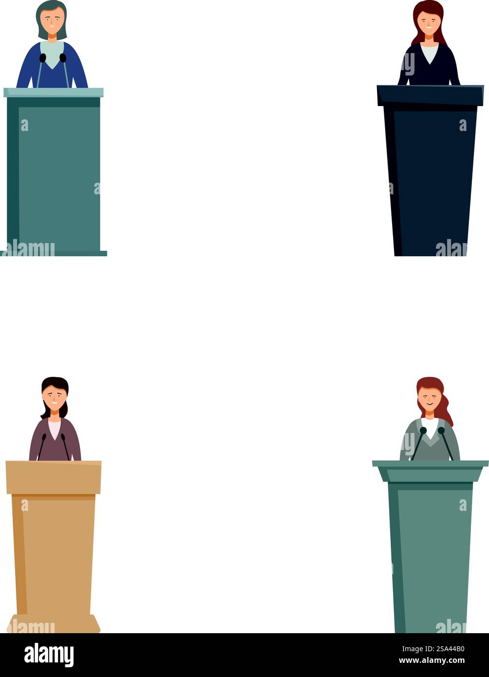 Quattro illustrazioni di professionisti che parlano ai podi, mostrando la diversità. Gruppi diversi di uomini d'affari ai podi Illustrazione Vettoriale