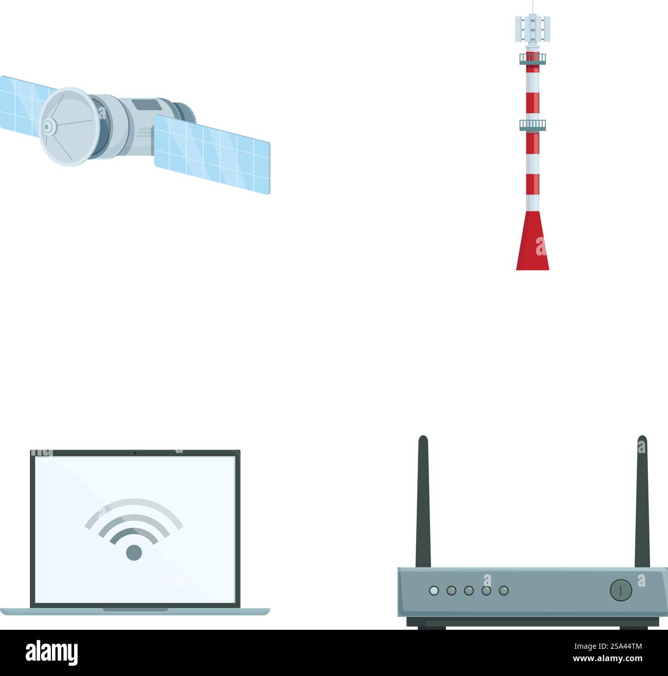 Set di illustrazioni vettoriali con satellite, torre cellulare, laptop wireless e router. Set di icone della tecnologia di comunicazione moderna Illustrazione Vettoriale