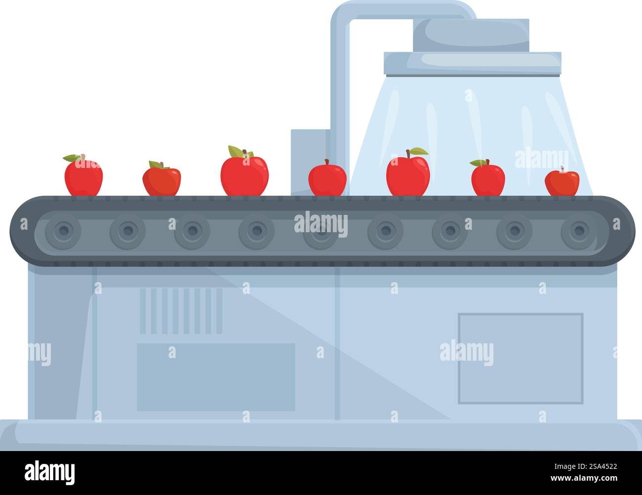 Design vettoriale piatto di un moderno sistema trasportatore di smistamento delle mele in un impianto di trasformazione alimentare. Illustrazione del nastro trasportatore per lo smistamento automatizzato delle mele Illustrazione Vettoriale
