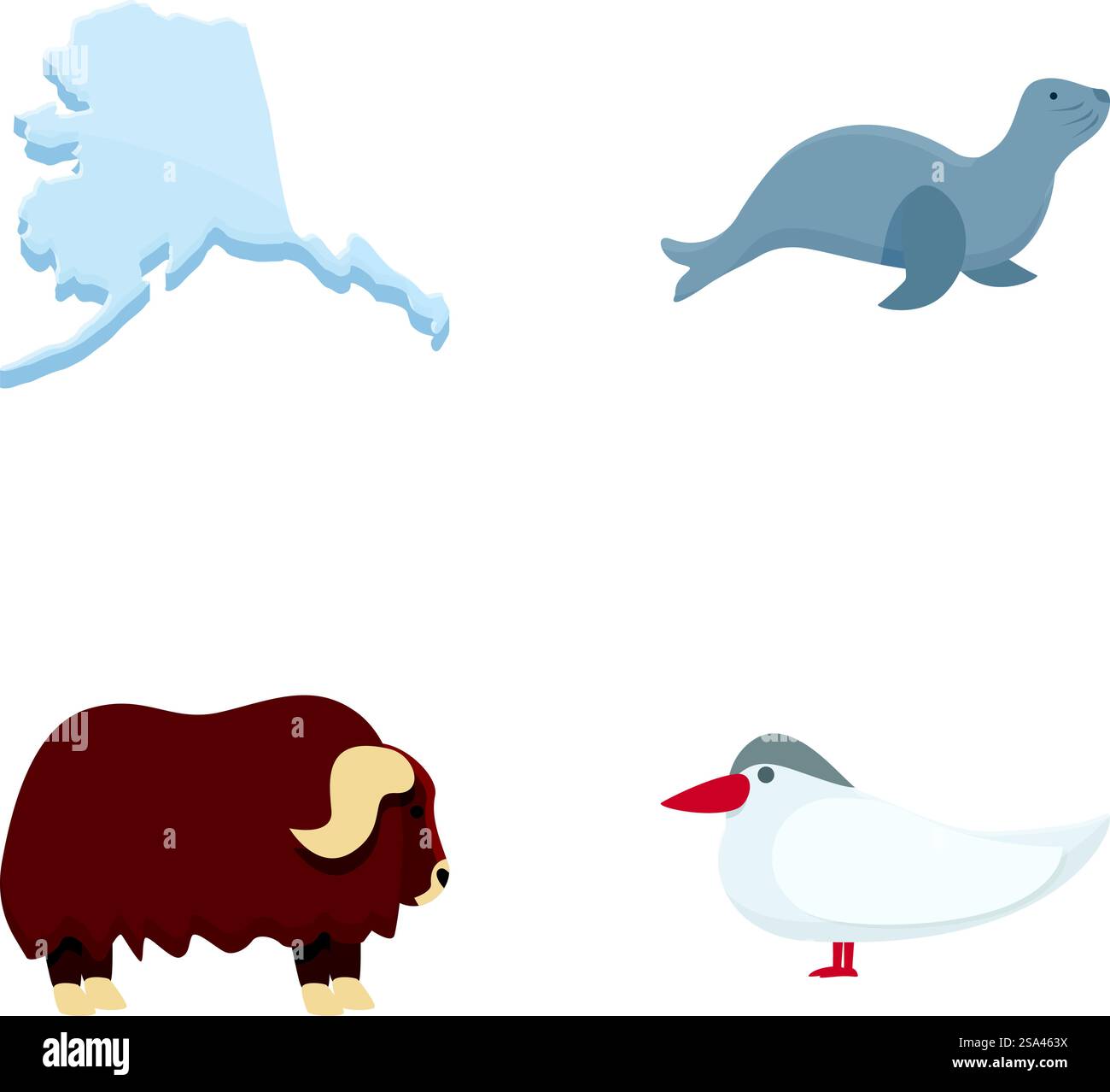 Le icone dell'Alaska impostano il vettore dei cartoni animati. Vari animali antartici e artici. Ambiente, fauna selvatica. Le icone dell'Alaska impostano il vettore dei cartoni animati. Vari animali antartici e artici Illustrazione Vettoriale