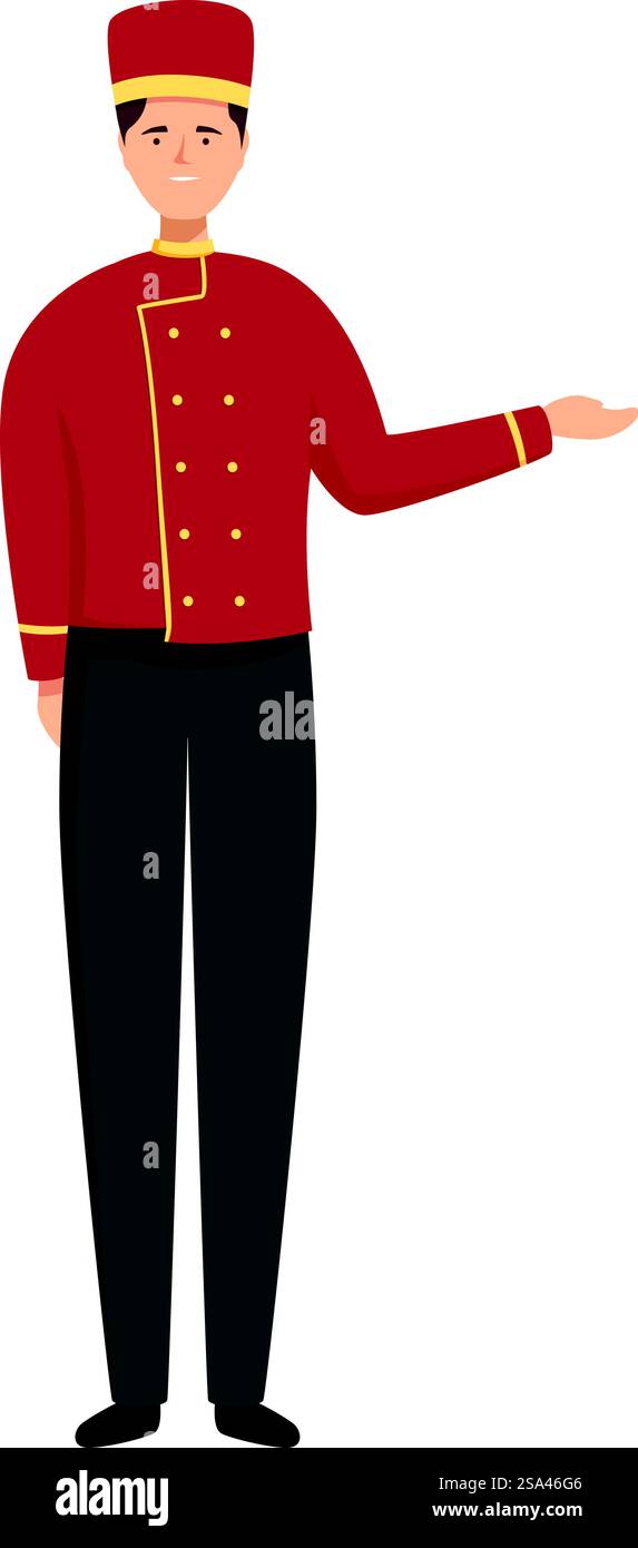 Facchino sorridente dell'hotel gestendo con la mano per un'accoglienza in uniforme. Il portiere dell'hotel è accogliente e gestiva con la sua mano Illustrazione Vettoriale