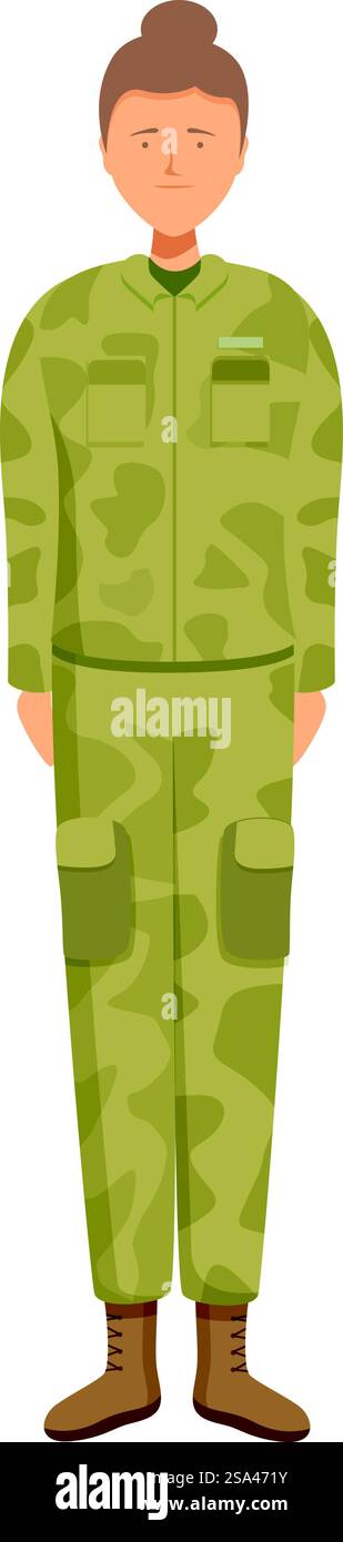 Soldato donna sicura di sé in uniforme mimetica all'attenzione, pronta a servire. Giovane soldato donna che indossa un'uniforme mimetica in piedi all'attenzione Illustrazione Vettoriale