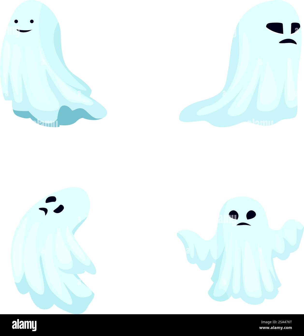 Collezione di quattro adorabili illustrazioni fantasma cartoni animati, con varie espressioni, isolate sul bianco. Set di simpatici fantasmi cartoni animati su sfondo bianco Illustrazione Vettoriale