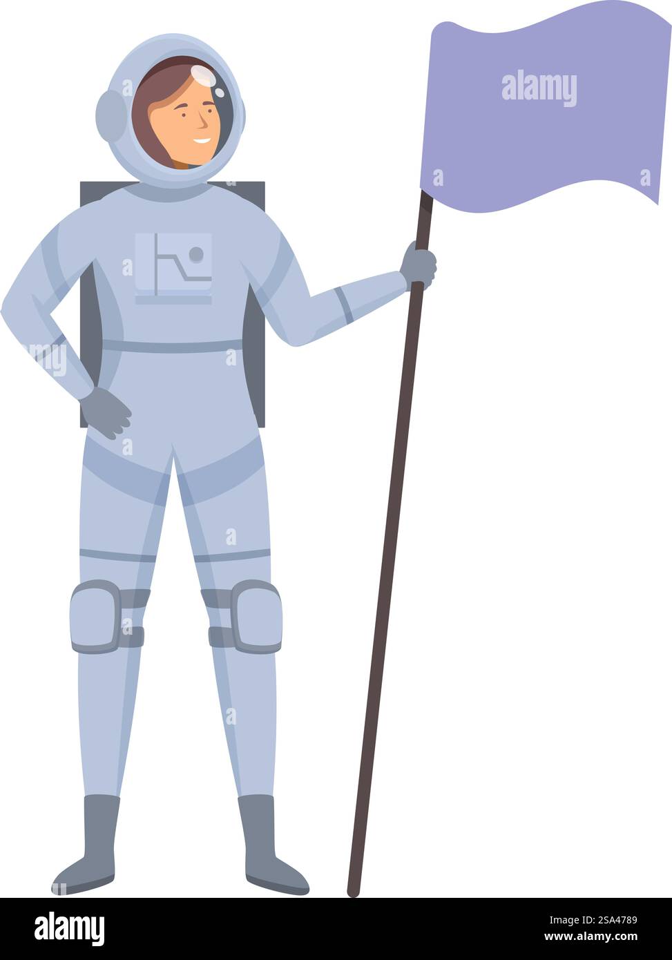 Space explorer è in piedi e tiene in mano una bandiera mentre indossa una tuta spaziale. Astronauta sorridente che tiene una bandiera in una missione esplorativa nello spazio Illustrazione Vettoriale