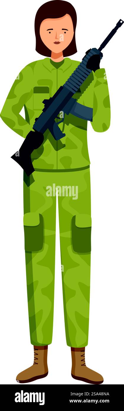 La soldatessa è in piedi con un'espressione seria, tenendo con sicurezza il suo fucile. Soldato sicuro di sé che tiene in mano il fucile che posa in posizione eretta Illustrazione Vettoriale