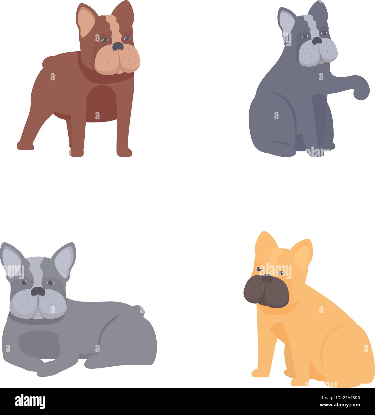Collezione di adorabili illustrazioni di bulldog francesi in varie pose e colori. Set di carini cartoni animati french bulldogs Illustrazione Vettoriale
