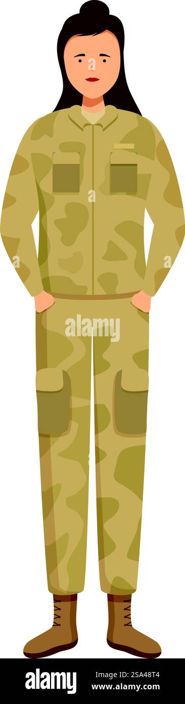 La giovane soldatessa è all'attenzione in uniforme. Soldato donna sicura di sé in piedi con le mani in tasca Illustrazione Vettoriale