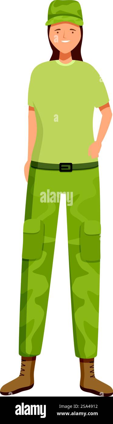 Giovane soldato donna sicura di sé in piedi all'attenzione in posa per il ritratto. Giovane soldato donna sicura di sé sta posando con le mani sui fianchi Illustrazione Vettoriale