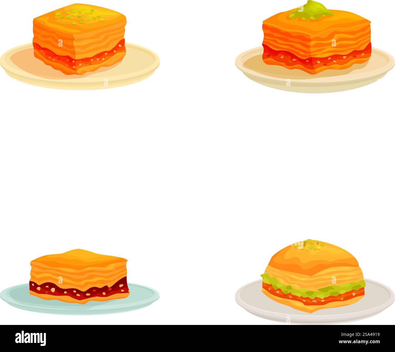 Collezione assortita di dessert a cartoni animati con illustrazioni di dolci e dolci vettoriali su un piatto bianco, isolato con una varietà di prodotti da forno, pasticcini, torte, torte e molto altro. Set di quattro deliziose illustrazioni di dessert in stile cartoni animati su piatti, isolati su bianco Illustrazione Vettoriale