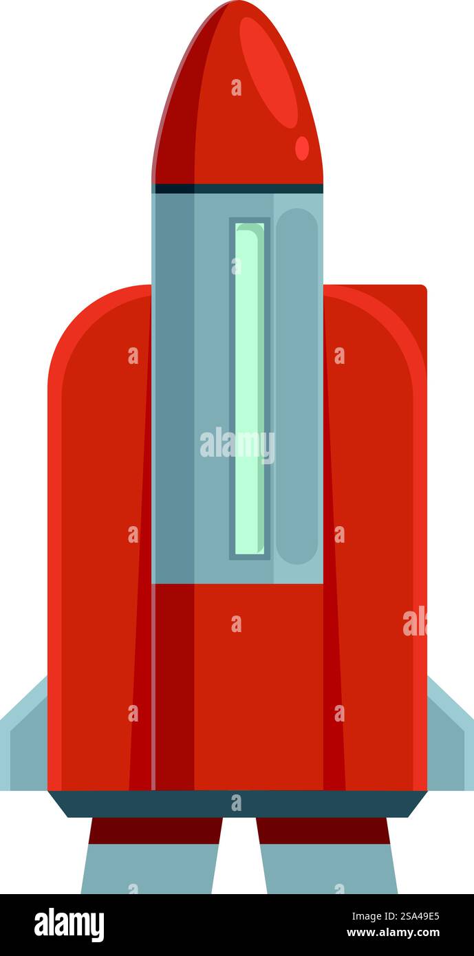 L'astronave cartoon con oblò è pronta per un viaggio interstellare alla scoperta di nuovi pianeti. Navicella spaziale dei cartoni animati rossa pronta per il lancio per esplorare nuovi pianeti Illustrazione Vettoriale